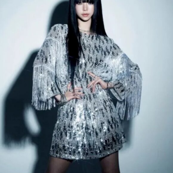ZARA Fringed Sequin Mini Shift Dress in Silver - Picture 1 of 7